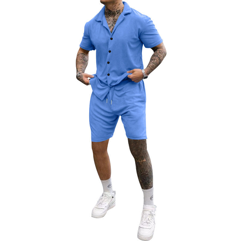 Herren Freizeit-Kurzarm-Set mit Knopfleiste und verstellbarem Kordelzug Heidi-Mode