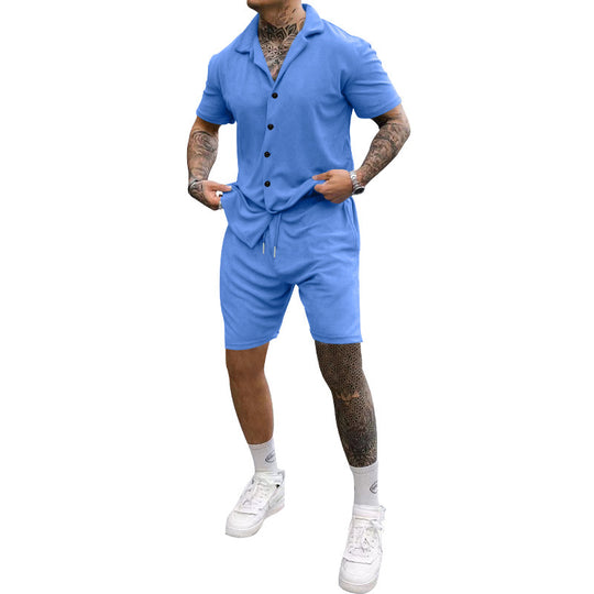Herren Freizeit-Kurzarm-Set mit Knopfleiste und verstellbarem Kordelzug Heidi-Mode