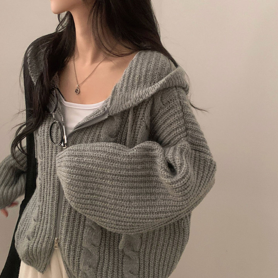 Damen Bequemer Strickjacke mit Kapuze und Reißverschluss Heidi-Mode