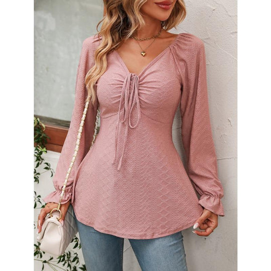 Damen Blusenshirt mit V-Ausschnitt und bindbarem Detail Heidi-Mode