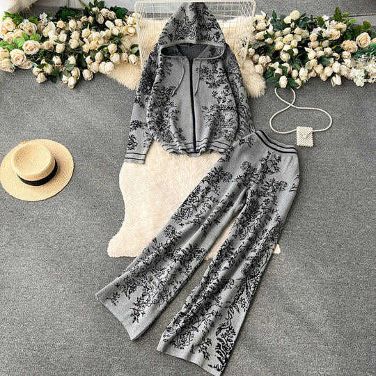 Damen modisches Freizeit-Lounge-Set mit Kapuze und floralem Muster Heidi-Mode