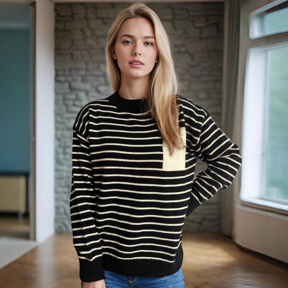 Damen lässiger Strickpullover mit breitem Streifenmuster und überschnittenen Schultern Heidi-Mode