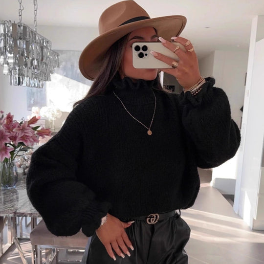 Damen kuscheliger Rollkragenpullover mit weiten Ärmeln und strukturellem Design Heidi-Mode