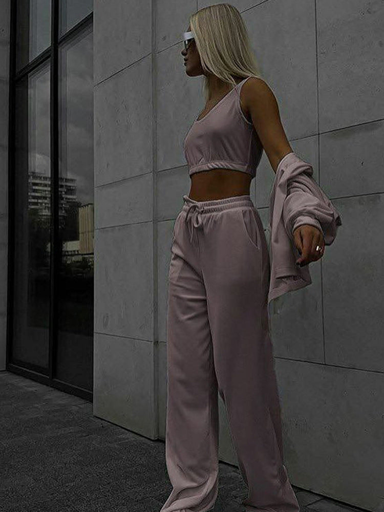 Damen lässiges Sport-Set mit hochtaillierten Hosen und cropped Oberteil Heidi-Mode