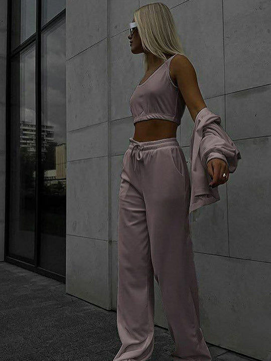 Damen lässiges Sport-Set mit hochtaillierten Hosen und cropped Oberteil Heidi-Mode