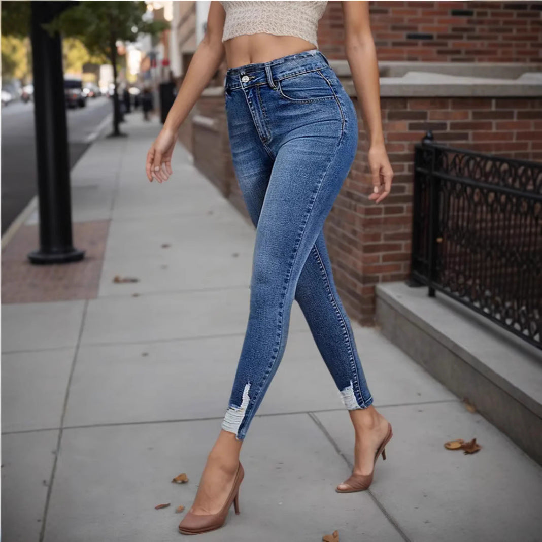 Damen High-Waist Destroyed Skinny Jeans mit rohem Saum Heidi-Mode
