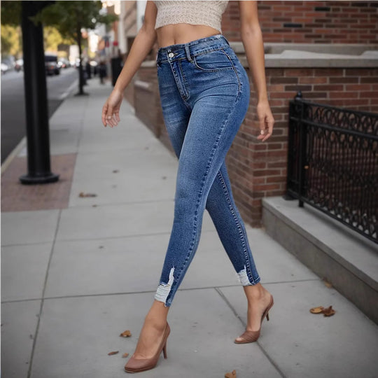 Damen High-Waist Destroyed Skinny Jeans mit rohem Saum Heidi-Mode