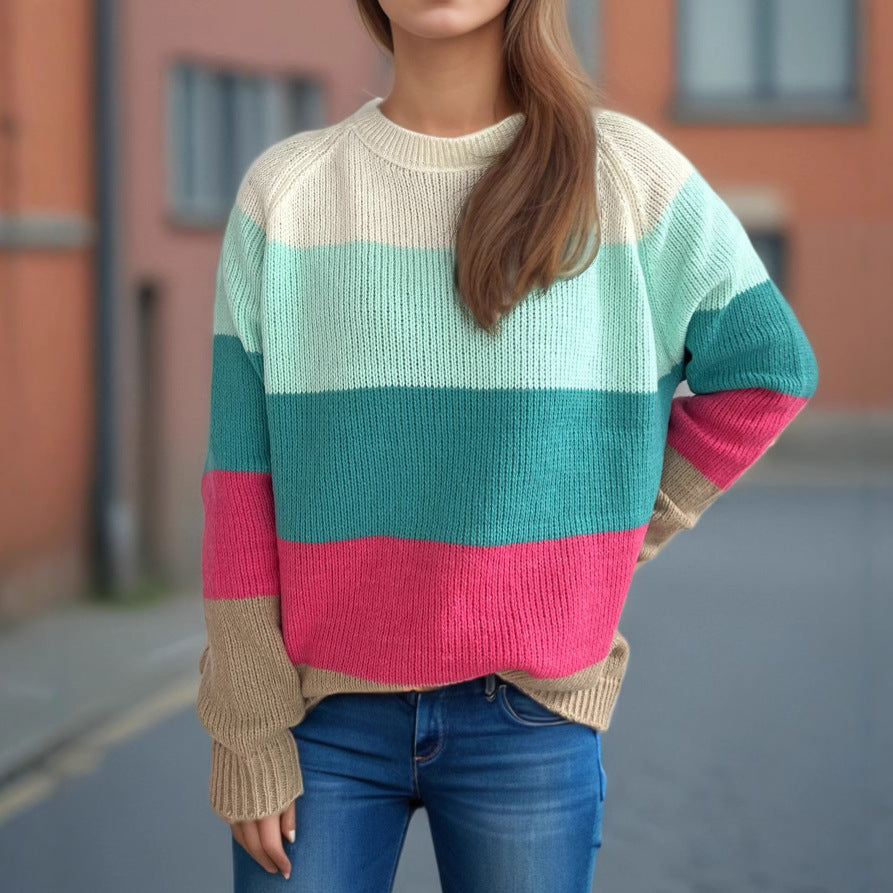 Damen lässiger Strickpullover mit bunten Blockstreifen und weitem Schnitt Heidi-Mode