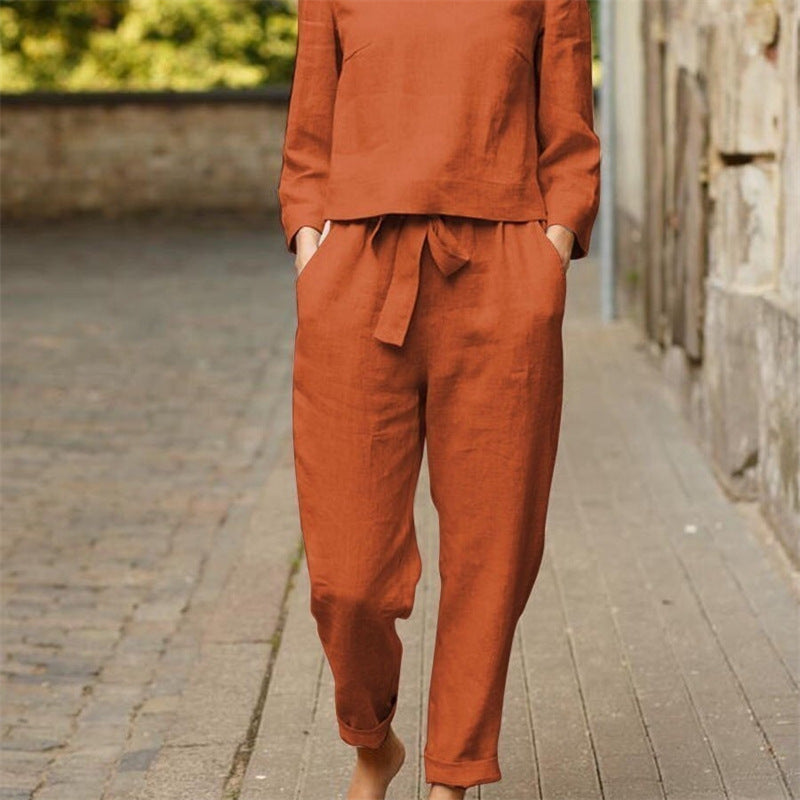 Damen Lässiges Zweiteiliges Leinen-Outfit mit breitem Bund Heidi-Mode