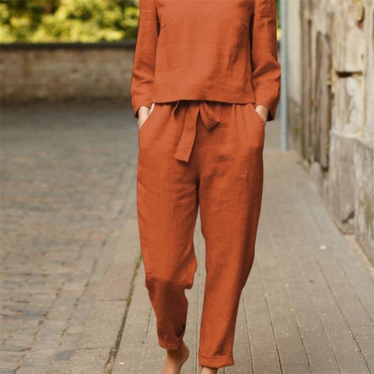 Damen Lässiges Zweiteiliges Leinen-Outfit mit breitem Bund Heidi-Mode