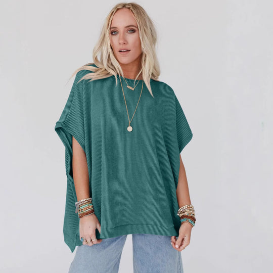 Damen Oversized T-Shirt mit Rippenstruktur Heidi-Mode