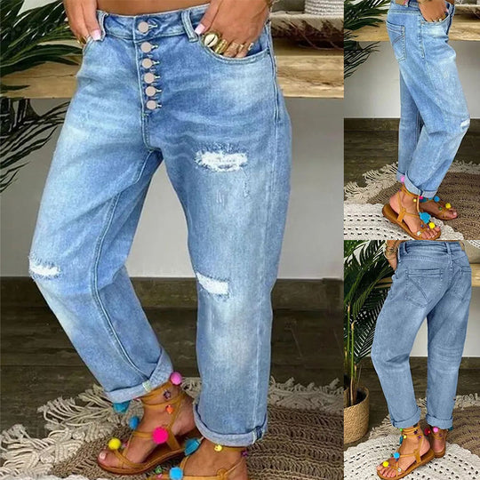Damen Boyfriend-Jeans mit Knopfleiste und Distressed-Details Heidi-Mode
