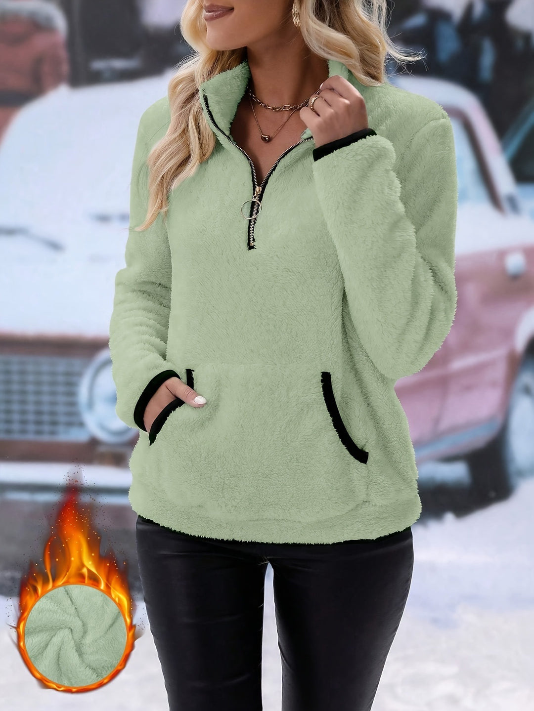 Damen Fleece Pullover mit halbem Reißverschluss Heidi-Mode