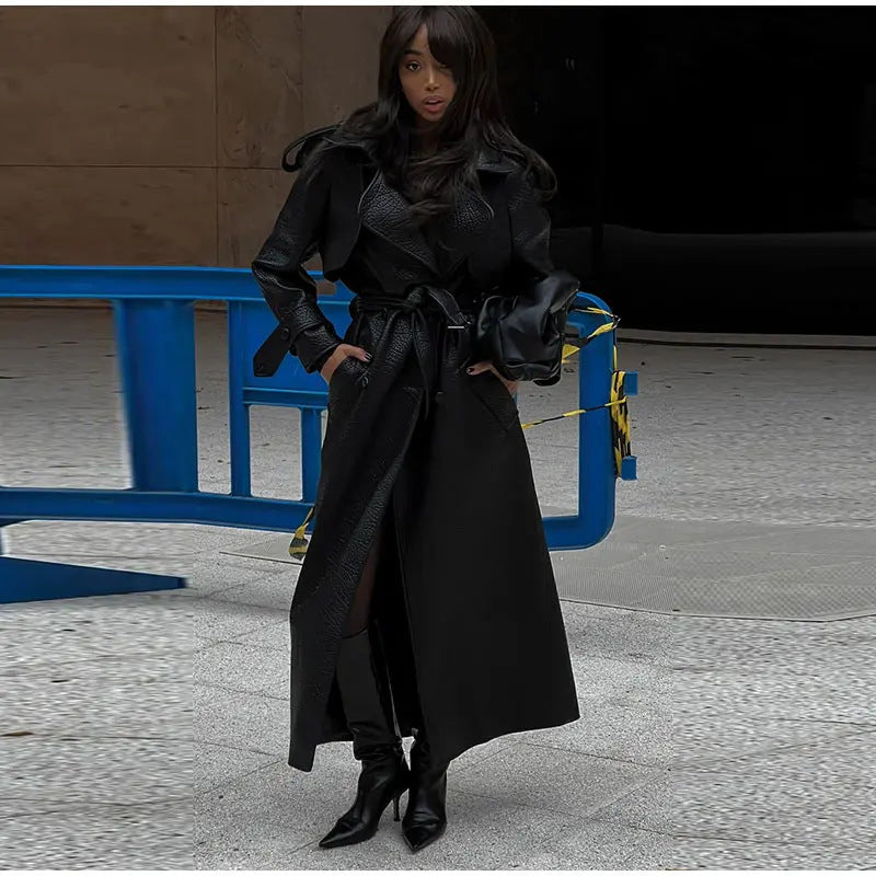 Damen Oversized Kunstleder-Trenchcoat mit hohem Kragen und abnehmbaren Gürtel Heidi-Mode