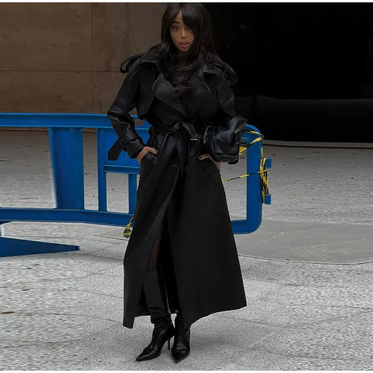 Damen Oversized Kunstleder-Trenchcoat mit hohem Kragen und abnehmbaren Gürtel Heidi-Mode