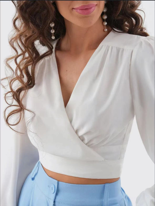 Damen Viskose Wrap-Bluse mit Puffärmel und tiefem V-Ausschnitt Heidi-Mode
