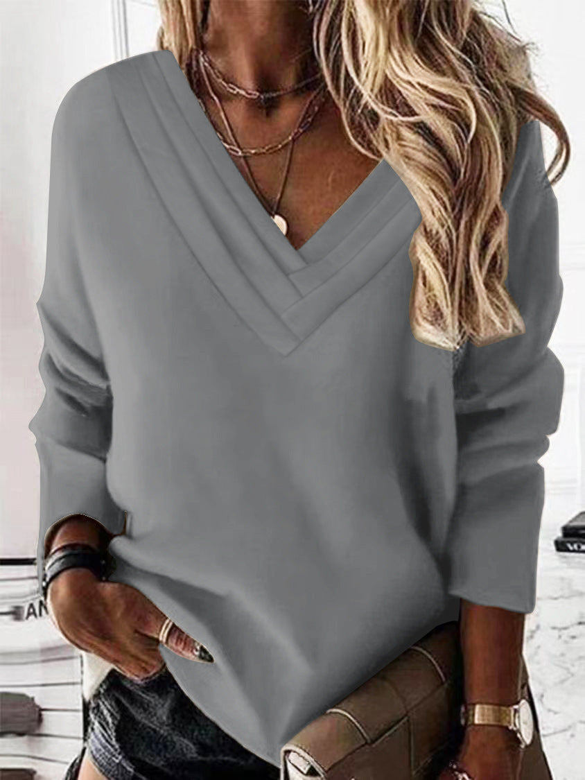 Damen V-Ausschnitt Sweatshirt mit eleganten Faltendetails Heidi-Mode