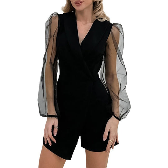 Damen Jumpsuit mit transparenten Puffärmeln und tailliertem Schnitt Heidi-Mode