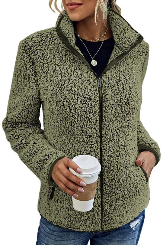Damen kuschelige Fleecejacke mit hohem Kragen und praktischen Taschen Heidi-Mode