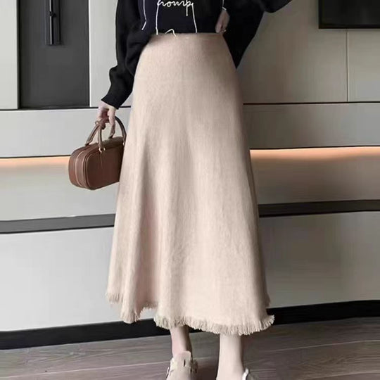 Damen Maxirock aus weichem, strukturiertem Strickstoff mit fransigem Saum Heidi-Mode