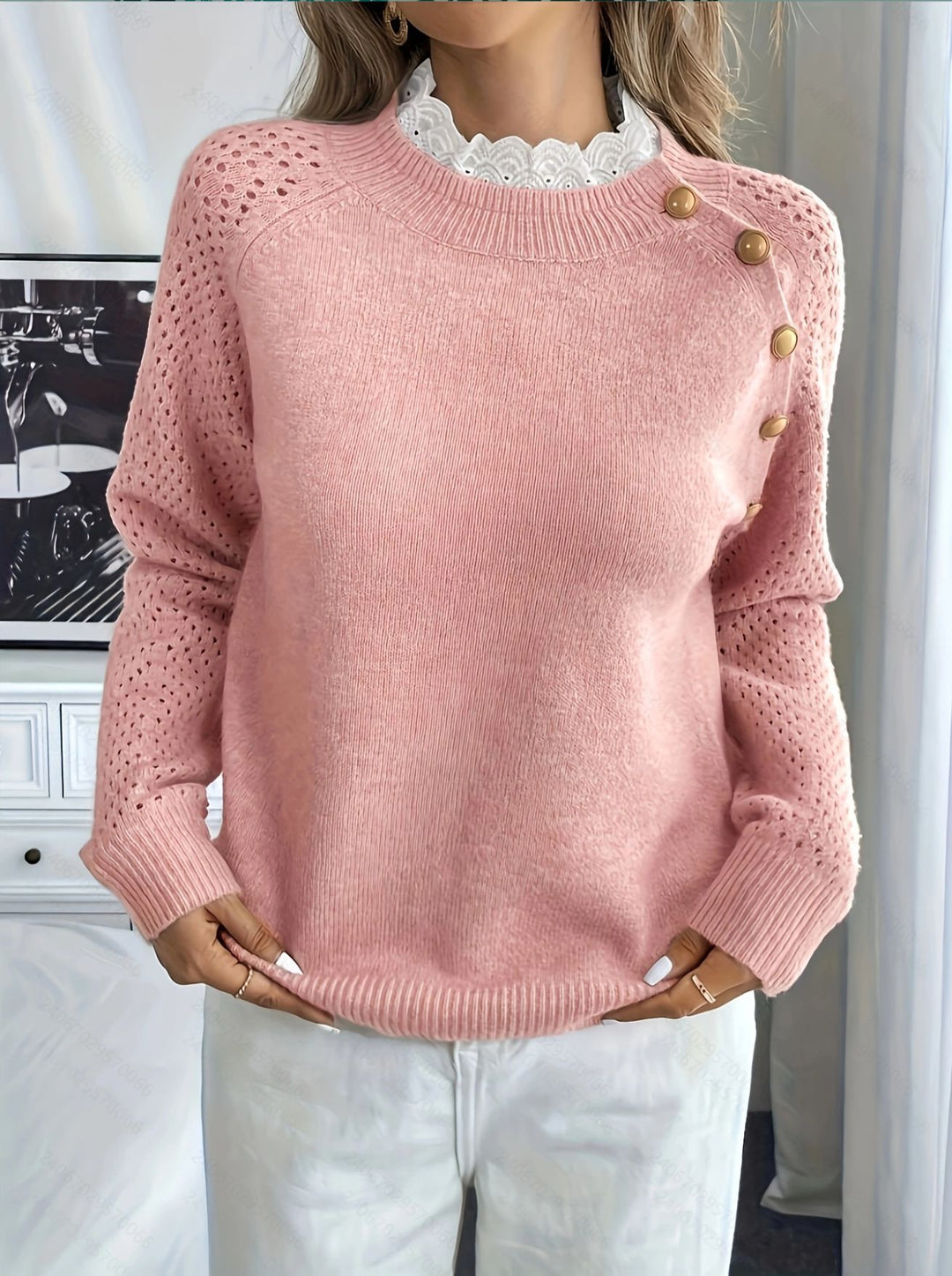 Damen Strickpullover mit dekorativen Knopfdetails und Lochmuster Heidi-Mode