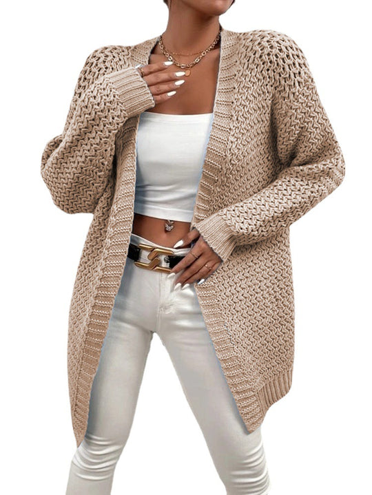 Damen Strickjacke mit offener Front und luftiger Häkelstruktur Heidi-Mode