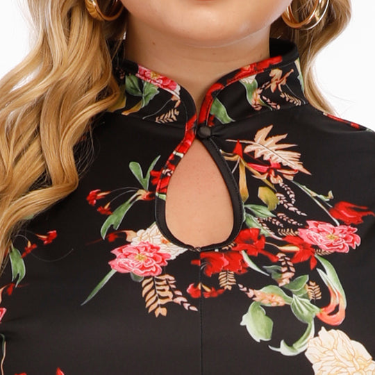 Damen elegantes Blusenkleid mit floralem Muster und hohem Kragen Heidi-Mode