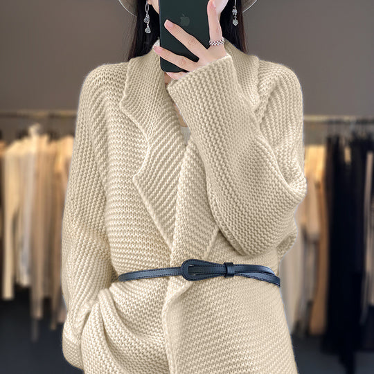 Damen Grobstrick Cardigan mit eleganten Revers und Taillengürtel Heidi-Mode