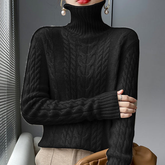 Damen Grobstrickpullover mit hohem Kragen und strukturiertem Zopfmuster Heidi-Mode