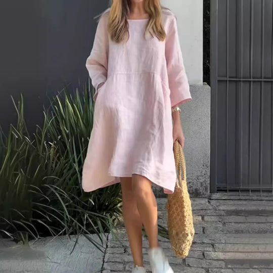 Damen lässiges Leinenkleid mit praktischen Taschen und asymmetrischem Saum Heidi-Mode