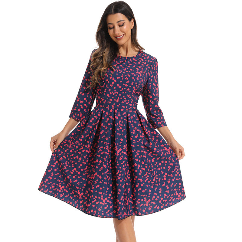 Damen elegantes Midikleid mit floralem Muster und schwingendem Rock Heidi-Mode