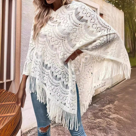 Damen eleganter Poncho mit dekorativem Häkelmuster Heidi-Mode