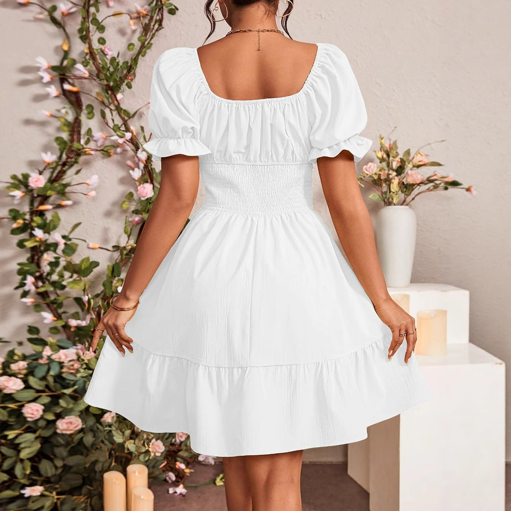 Damen Puffärmel Kleid mit elastischem Tailleneinsatz und Rüschensaum Heidi-Mode