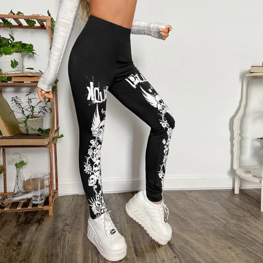 Damen Leggings mit auffälligem Totenkopf- und floralem Design Heidi-Mode
