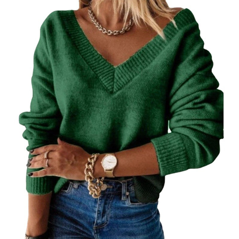 Damen V-Ausschnitt Strickpullover mit lockerem Schnitt Heidi-Mode