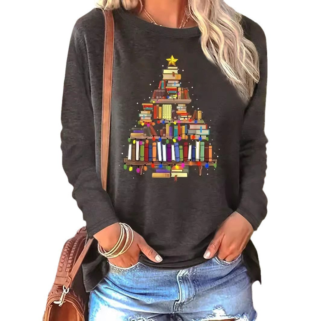 Damen lässiger Langarm-Pullover mit festlichem Bücher-Motiv Heidi-Mode
