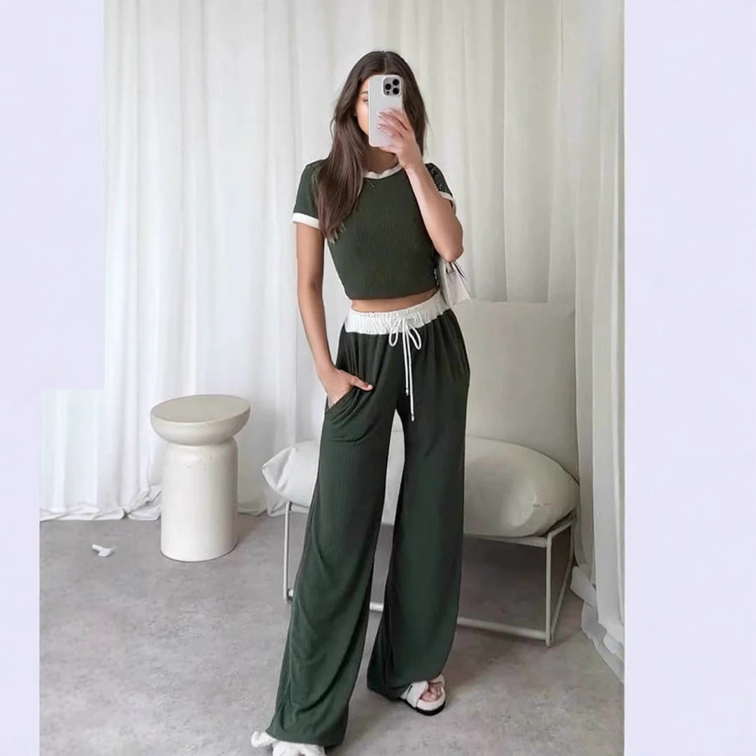 Damen lässiges Cropped Lounge-Set mit weicher Rippstruktur und bequemen Hosen Heidi-Mode