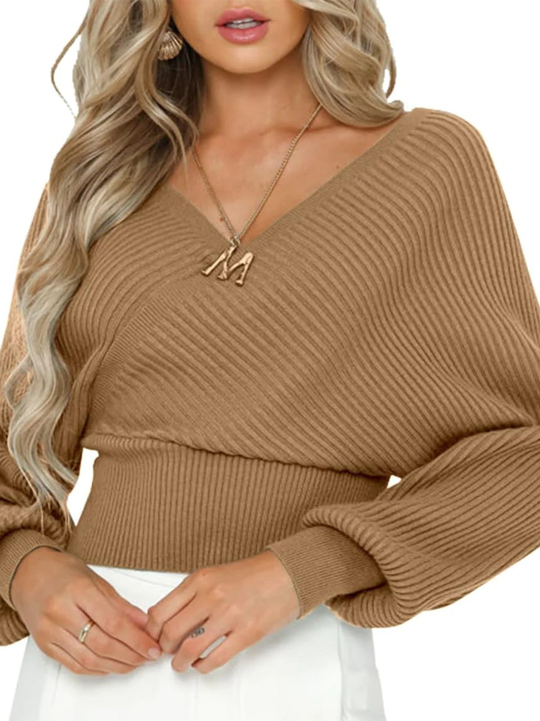Damen lässiger V-Ausschnitt Pulli mit breiten Ärmeln und Rippstruktur Heidi-Mode
