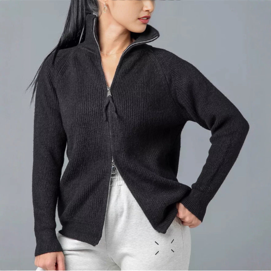 Damen Strickjacke mit hohem Kragen und Reißverschluss Heidi-Mode