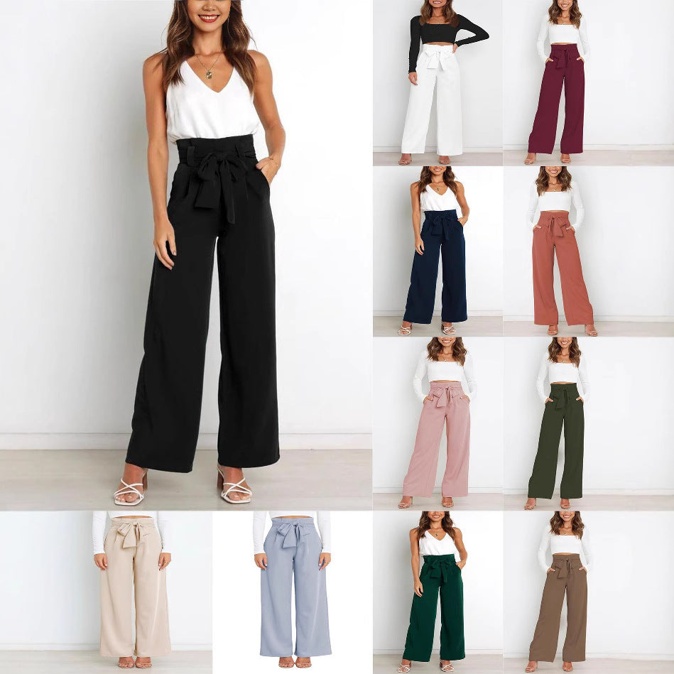 Damen Weit geschnittene High-Waist-Hose mit Binde-Gürtel und Taschen Heidi-Mode