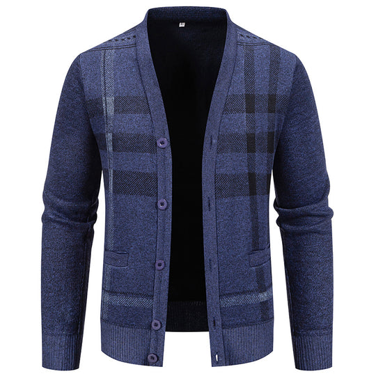 Herren stilvolle Strickjacke mit modernem Karomuster und praktischen Taschen Heidi-Mode