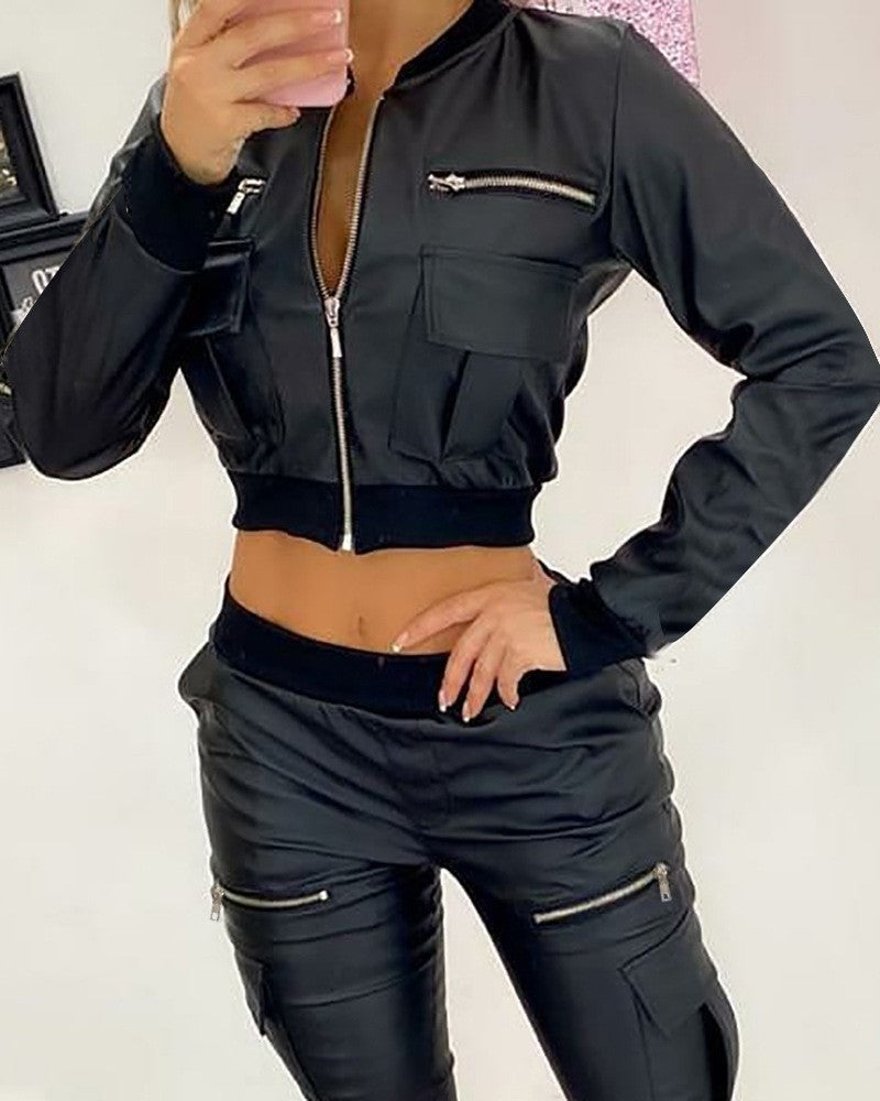 Damen cropped Jacke mit seitlichen Reißverschlusstaschen und elastischem Bund Heidi-Mode