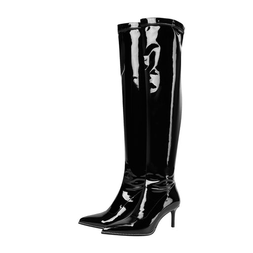 Femme Über-die-Knie Spitzenzehen Stiletto Stiefel mit Hochglanz-Finish Heidi-Mode