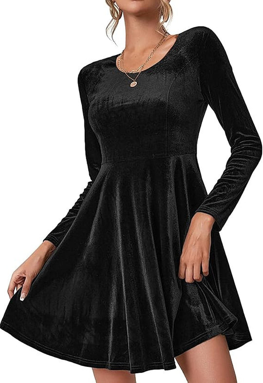 Damen Fließendes Samtkleid mit langen Ärmeln und weit schwingendem Rock Heidi-Mode