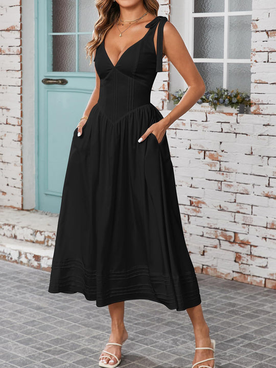Damen Maxi-Kleid mit V-Ausschnitt und eleganten Spagettiträgern Heidi-Mode