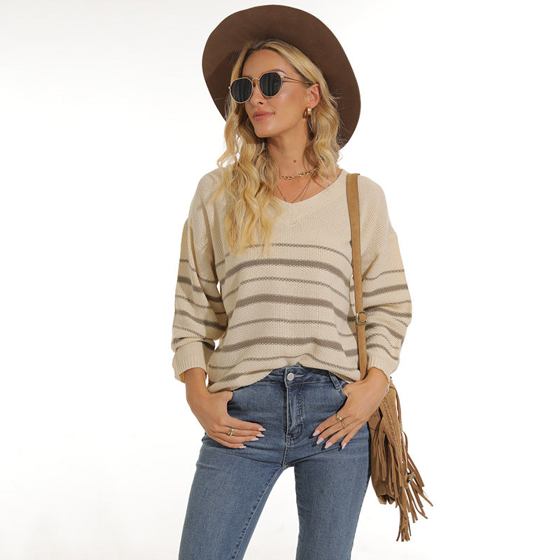 Damen lässiger Pullover mit modernem Streifenmuster und V-Ausschnitt Heidi-Mode