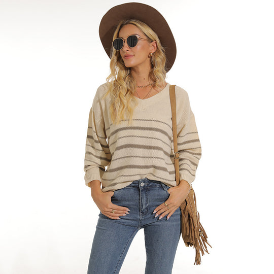 Damen lässiger Pullover mit modernem Streifenmuster und V-Ausschnitt Heidi-Mode