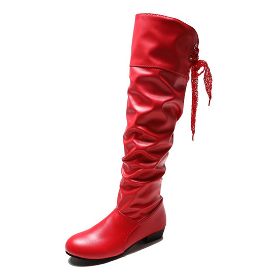 Damen Overkneestiefel mit modischem Rüschendesign und dekorativer Schleife Heidi-Mode