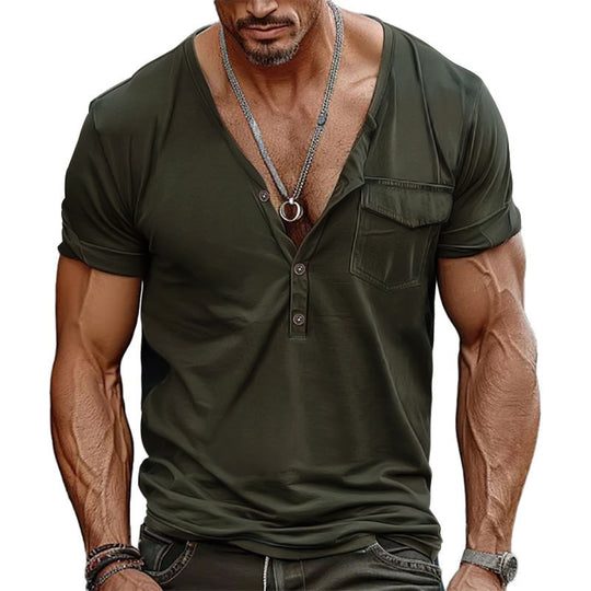 Herren Kurzarm-Henley-T-Shirt mit dekorativer Brusttasche und modernem Schnitt Heidi-Mode