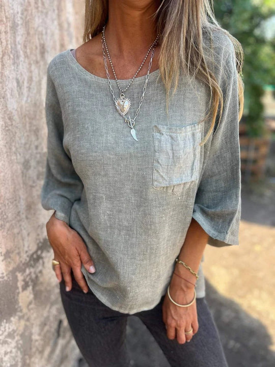 Damen lässiges Leinen-Oberteil mit lockerer Passform und Brusttasche Heidi-Mode